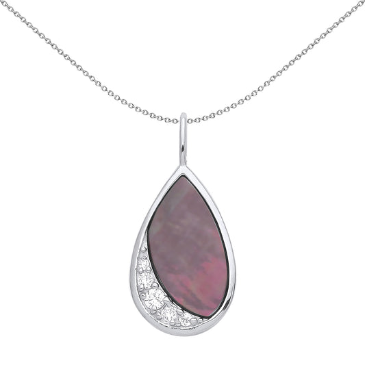 Silver  Black Pear CZ M.O.P Purple Lagoon Beach Necklace 18" - GVP551