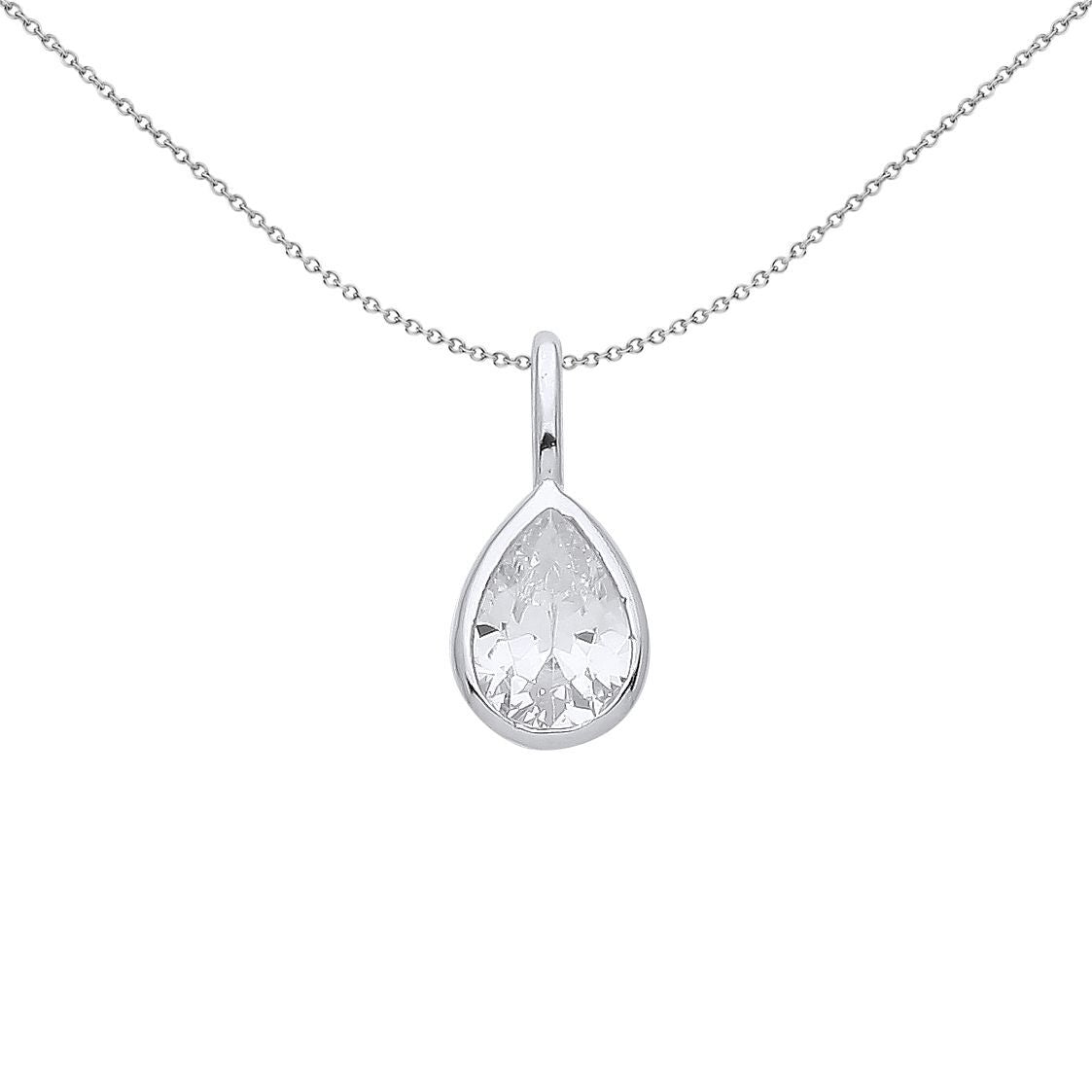 Silver  Pear CZ Teardrop Bezel Solitaire Pendant Necklace - GVP554