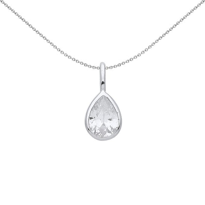 Silver  Pear CZ Teardrop Bezel Solitaire Pendant Necklace - GVP554