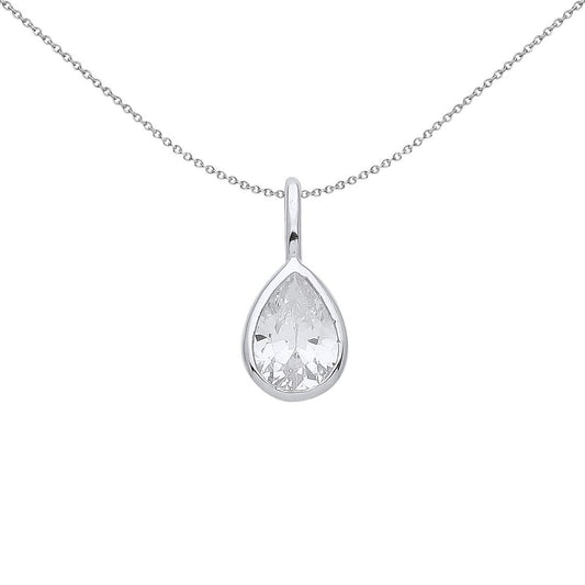 Silver  Pear CZ Teardrop Bezel Solitaire Pendant Necklace - GVP554