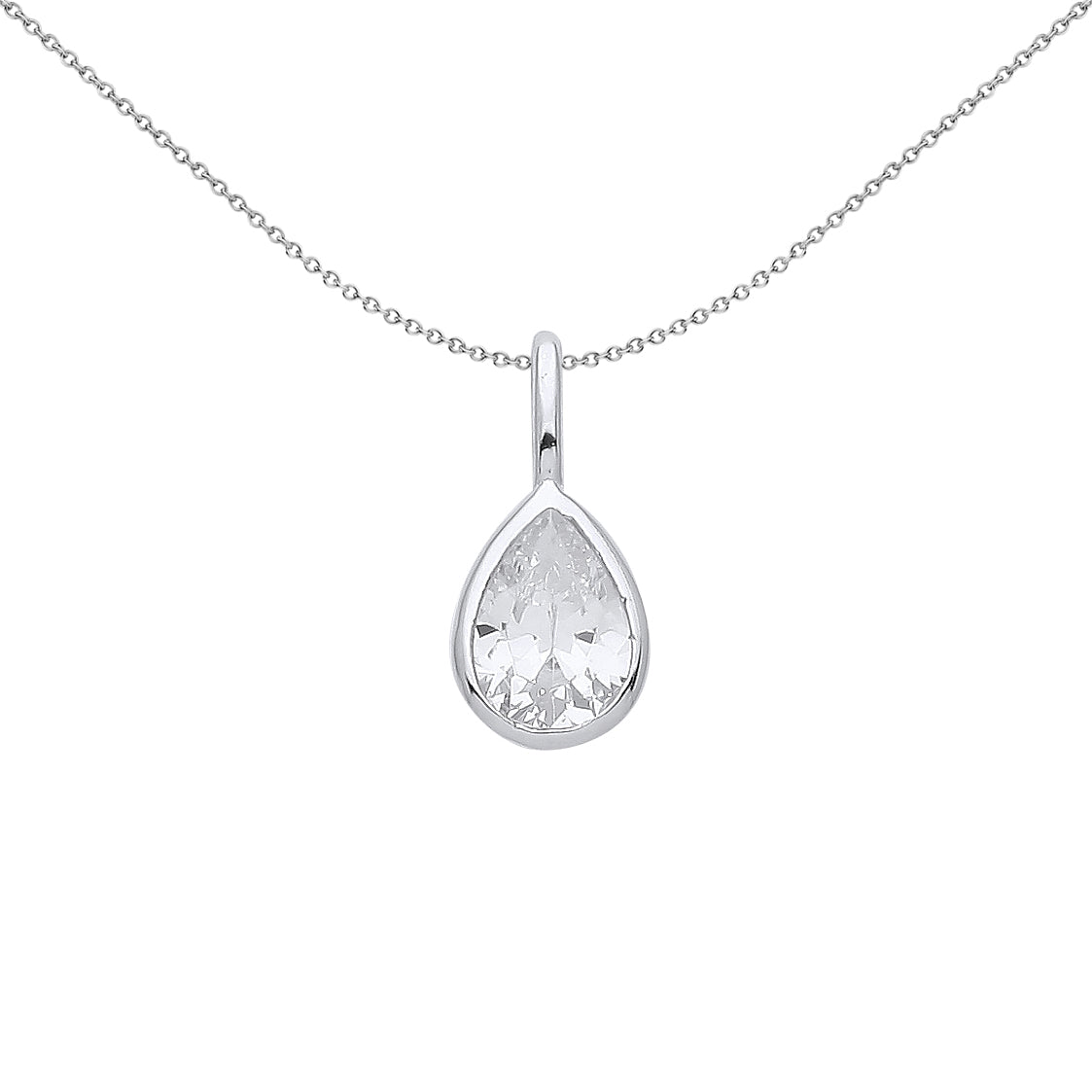 Silver  Pear CZ Teardrop Bezel Solitaire Pendant Necklace 18 inch - GVP554