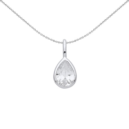 Silver  Pear CZ Teardrop Bezel Solitaire Pendant Necklace 18 inch - GVP554