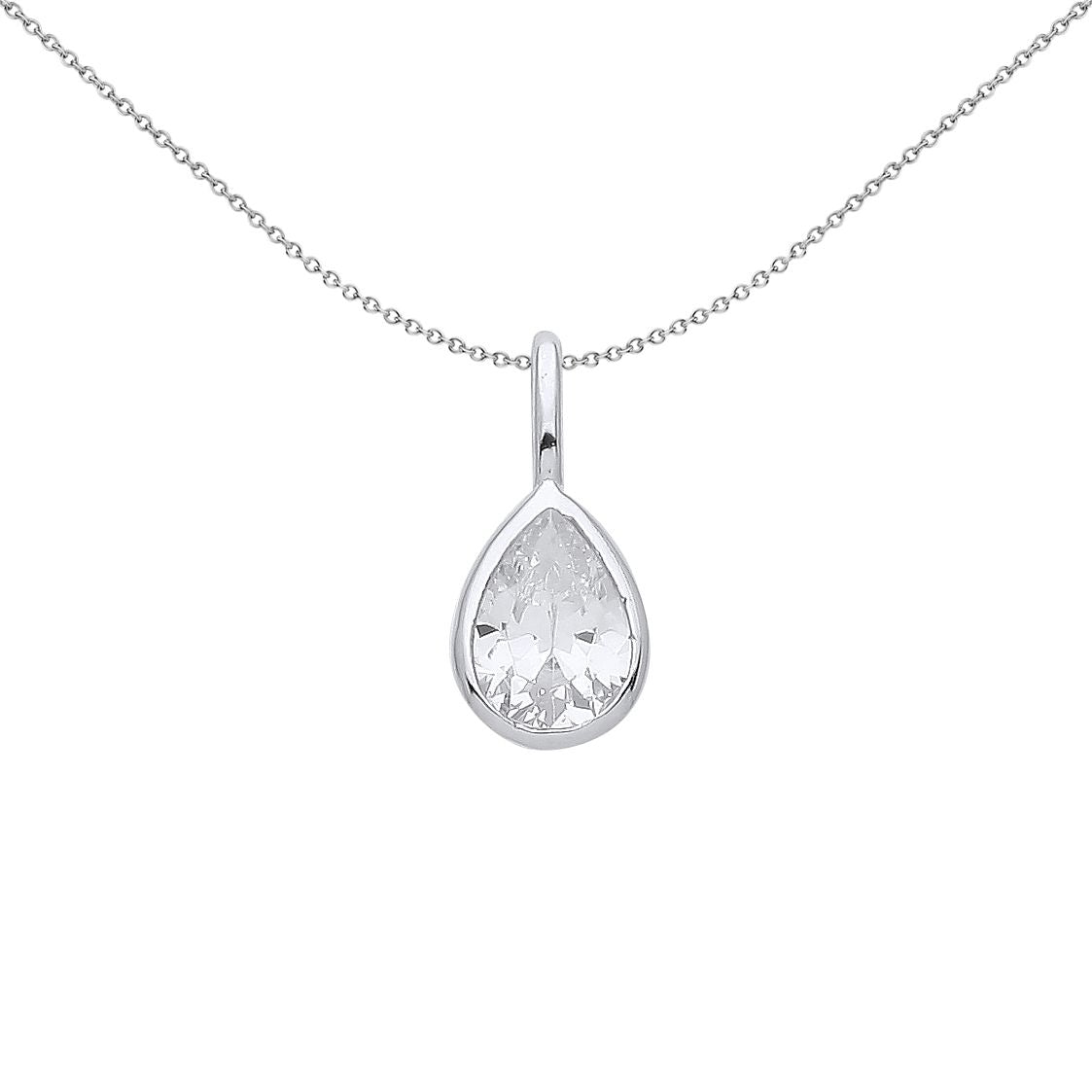 Silver  Pear CZ Teardrop Bezel Solitaire Pendant Necklace 18 inch - GVP554