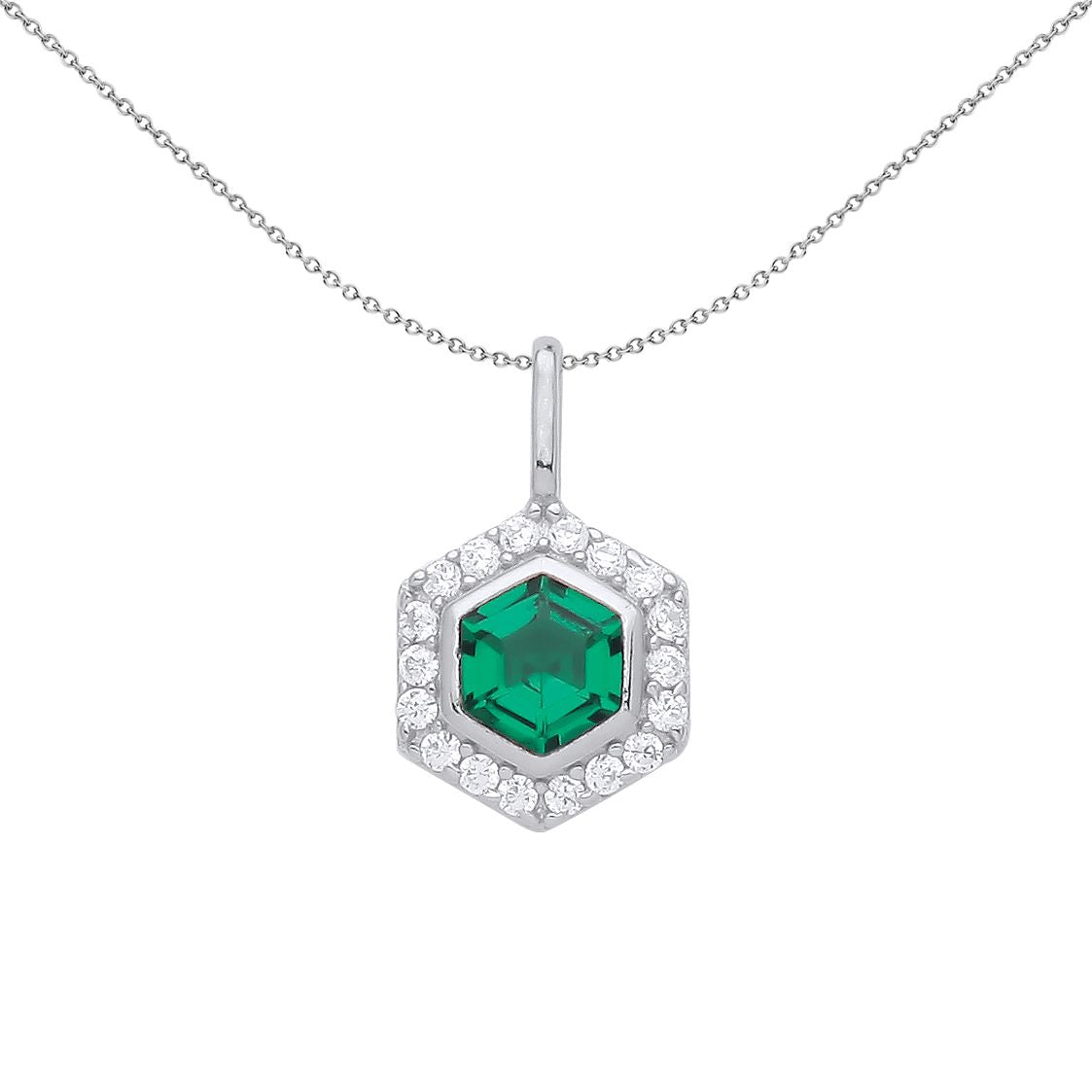 Silver  Green Hexagon Honeycomb CZ Well Halo Pendant Necklace 18" - GVP555