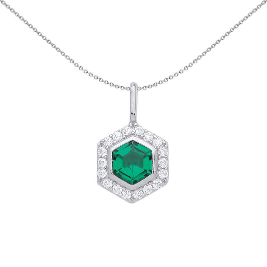 Silver  Green Hexagon Honeycomb CZ Well Halo Pendant Necklace - GVP555