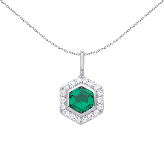 Silver  Green Hexagon Honeycomb CZ Well Halo Pendant Necklace 18" - GVP555