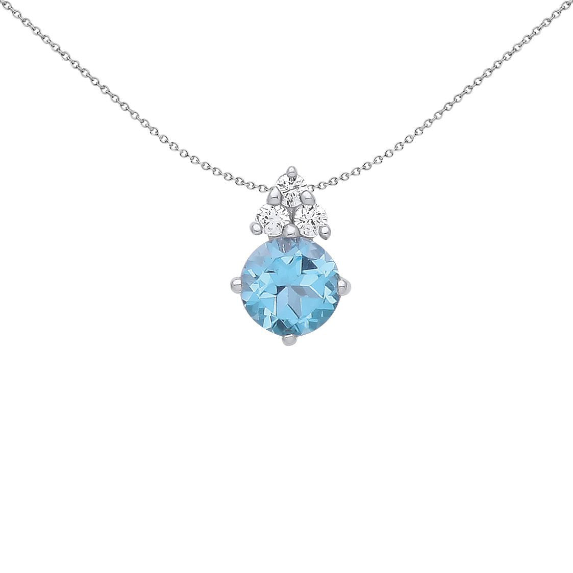 Silver  Swiss Blue CZ Trilogy Accented Solitaire Necklace - GVP558