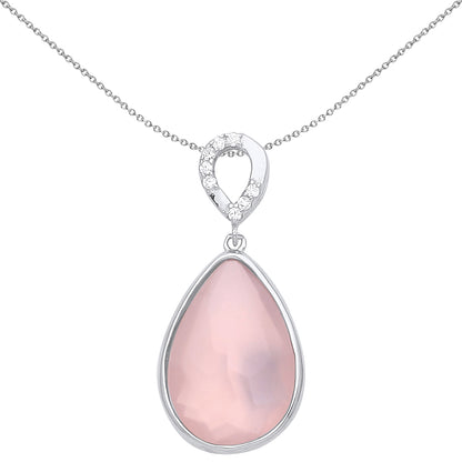 Silver  Pink Pear CZ Pink Rose Quartz Avocado Halo Necklace 18" - GVP559