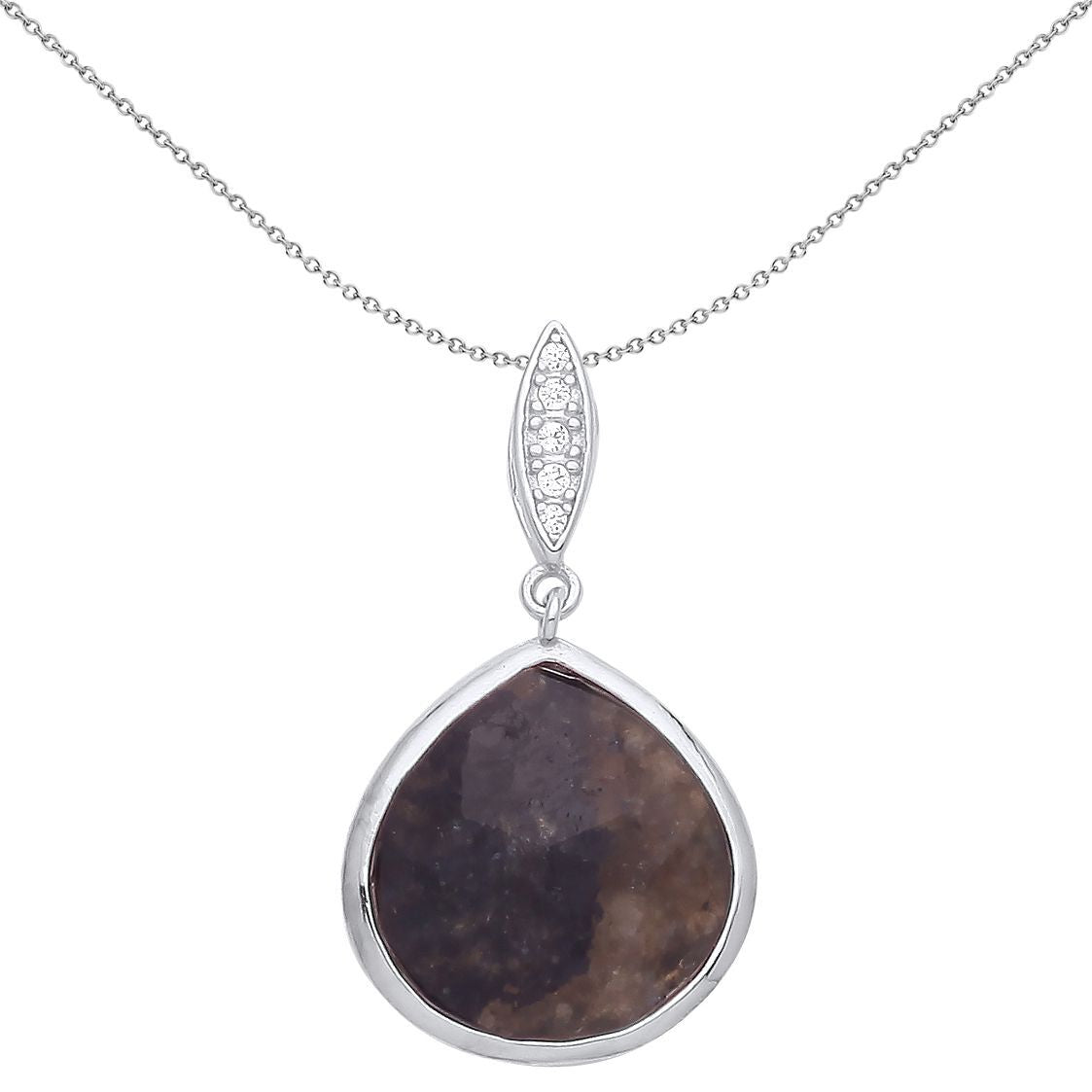 Silver  Brown Pear Quartz CZ Wide Pear Peapod Necklace - GVP560