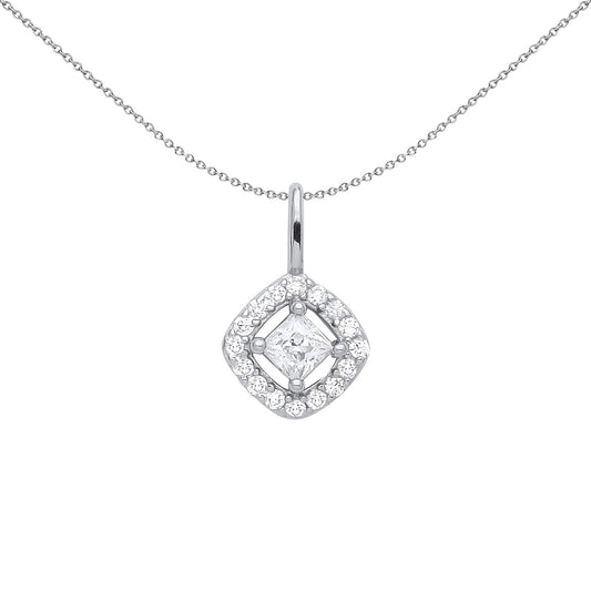 Silver  Rotated Square Halo Solitaire Pendant Necklace - GVP561
