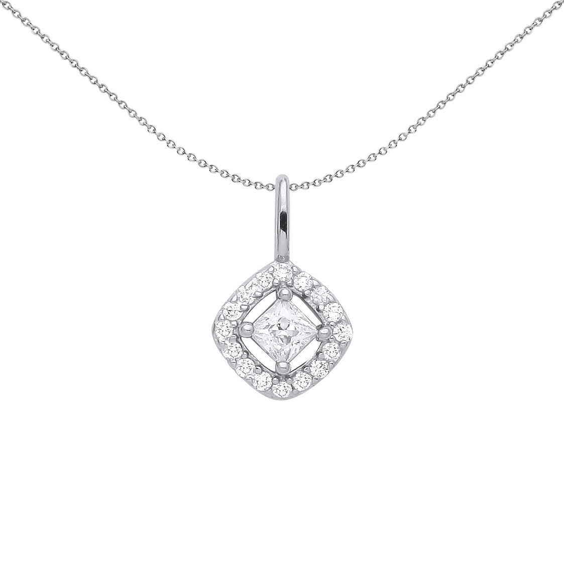 Silver  Princess CZ Rotated Square Halo Solitaire Necklace 18" - GVP561