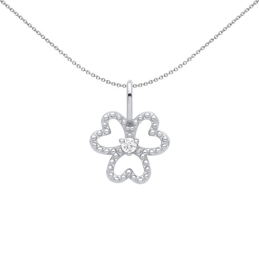Silver  CZ Heart 3 Leaf Lucky Clover Solitaire Beaded Necklace - GVP562