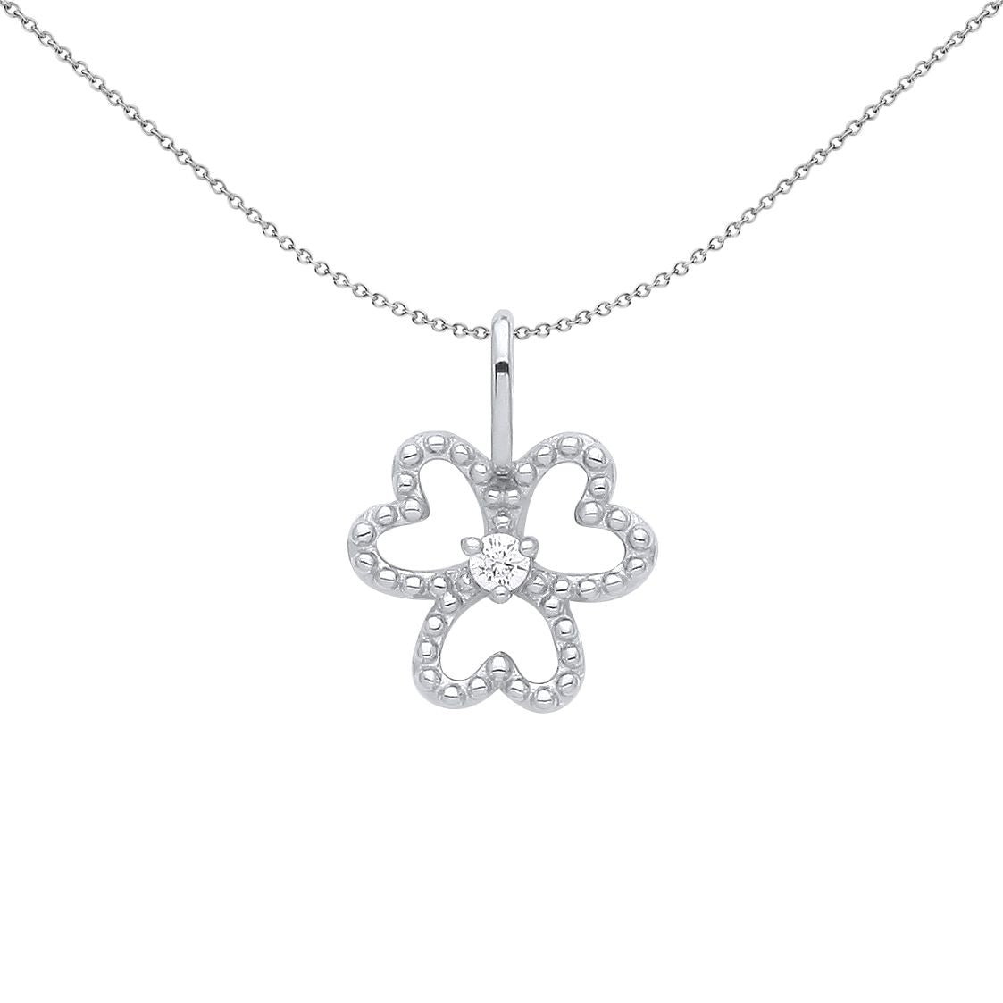 Silver  CZ Heart 3 Leaf Lucky Clover Solitaire Beaded Necklace 18" - GVP562