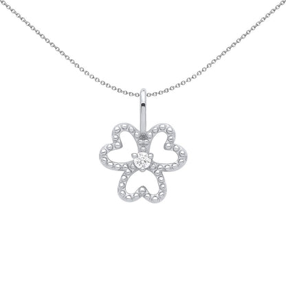 Silver  CZ Heart 3 Leaf Lucky Clover Solitaire Beaded Necklace 18" - GVP562