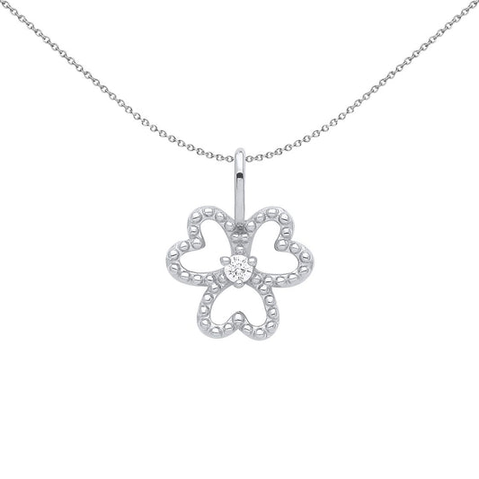 Silver  CZ Heart 3 Leaf Lucky Clover Solitaire Beaded Necklace 18" - GVP562