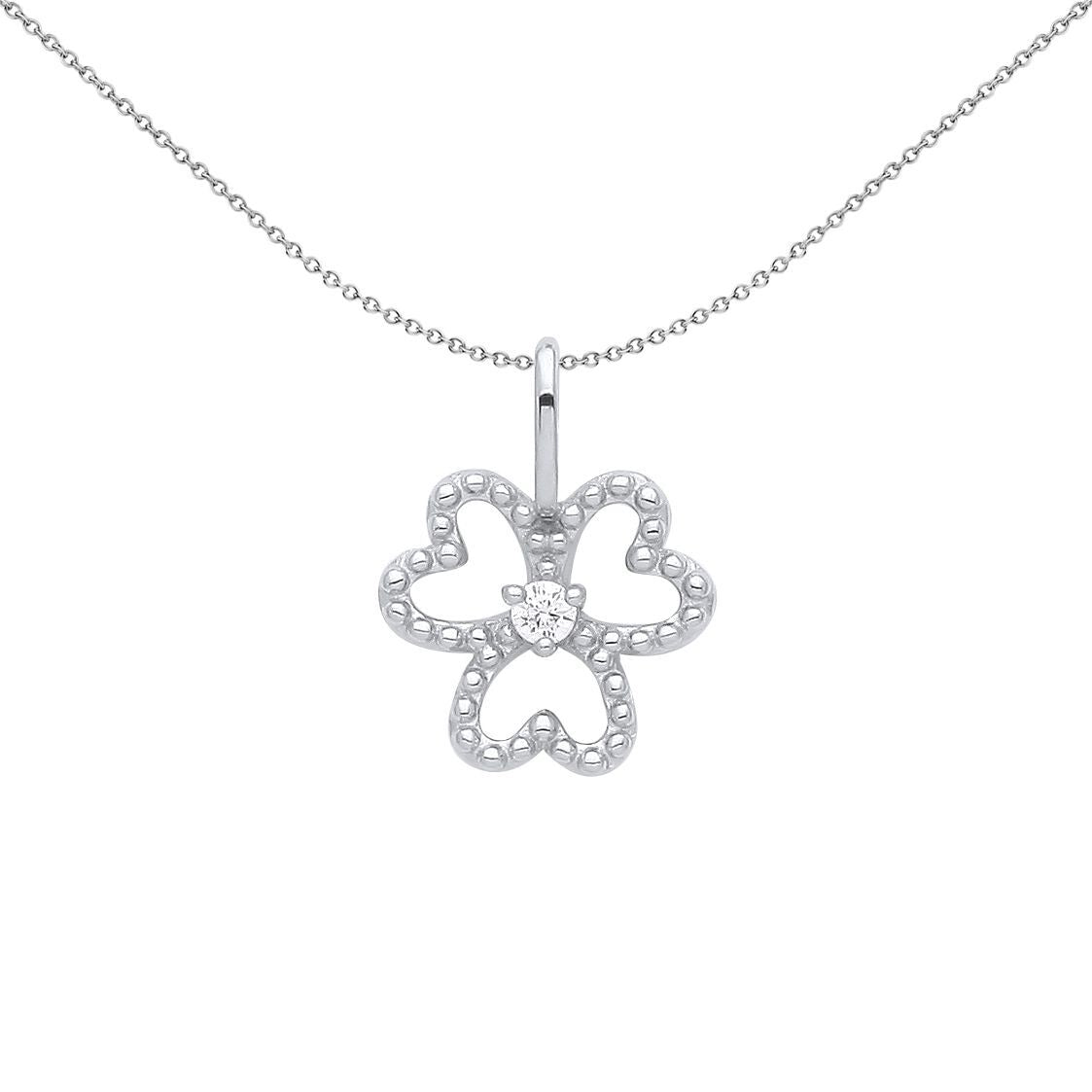 Silver  CZ Heart 3 Leaf Lucky Clover Solitaire Beaded Necklace - GVP562