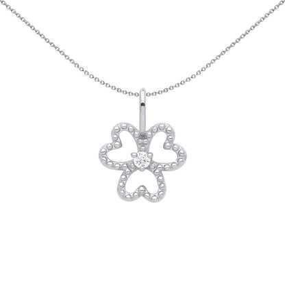 Silver  CZ Heart 3 Leaf Lucky Clover Solitaire Beaded Necklace - GVP562
