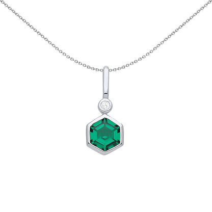 Silver  Green Hexagon CZ Hexagon Bezel Accented Necklace 18" - GVP563