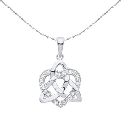 Silver  CZ Love Heart Celtic Trinity Knot Pendant Necklace - GVP564