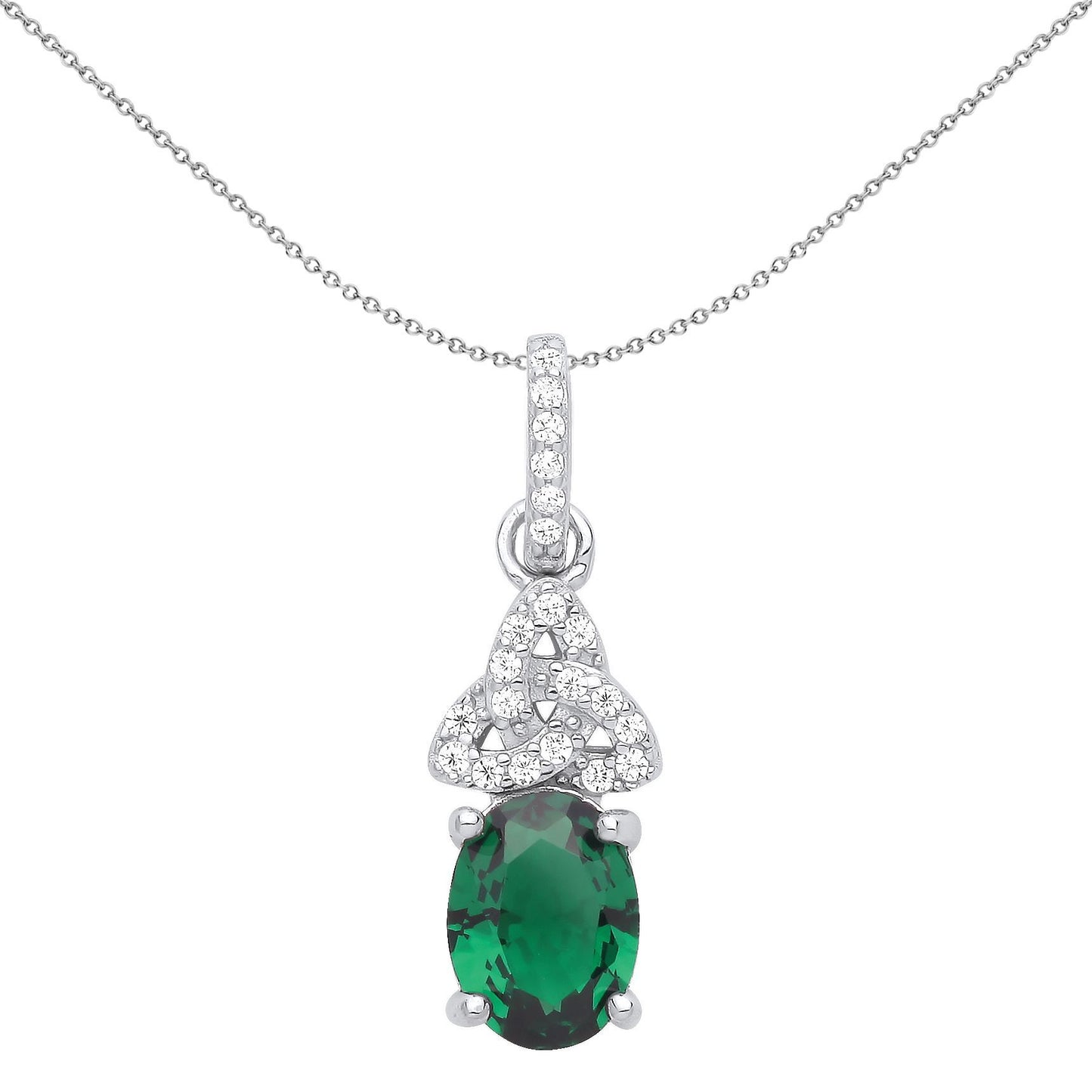 Silver  Green Oval CZ Trinity Knot Solitaire Pendant Necklace - GVP566