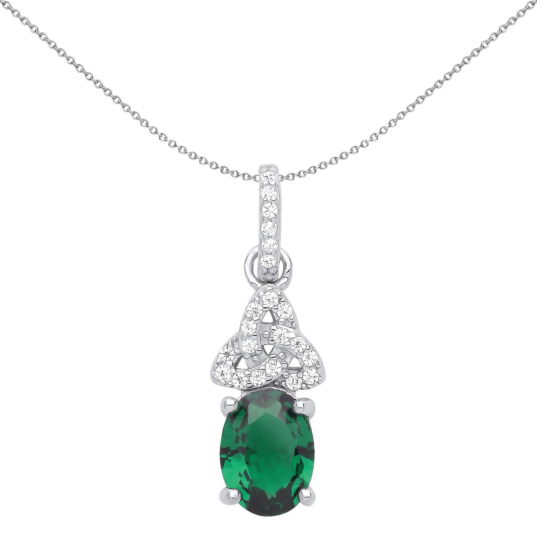 Silver  Green Oval CZ Trinity Knot Solitaire Pendant Necklace - GVP566