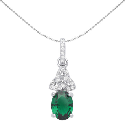 Silver  Green Oval CZ Trinity Knot Solitaire Pendant Necklace - GVP566