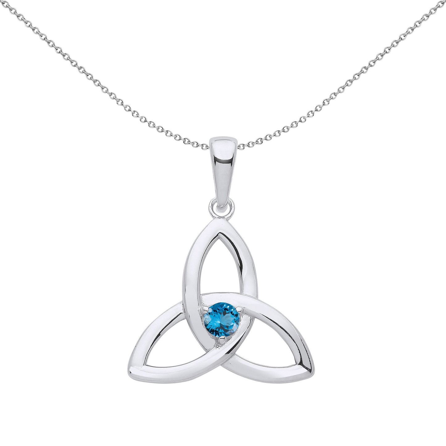 Silver  Swiss Blue CZ Celtic Trinity Trefoil Knot Necklace - GVP570BT