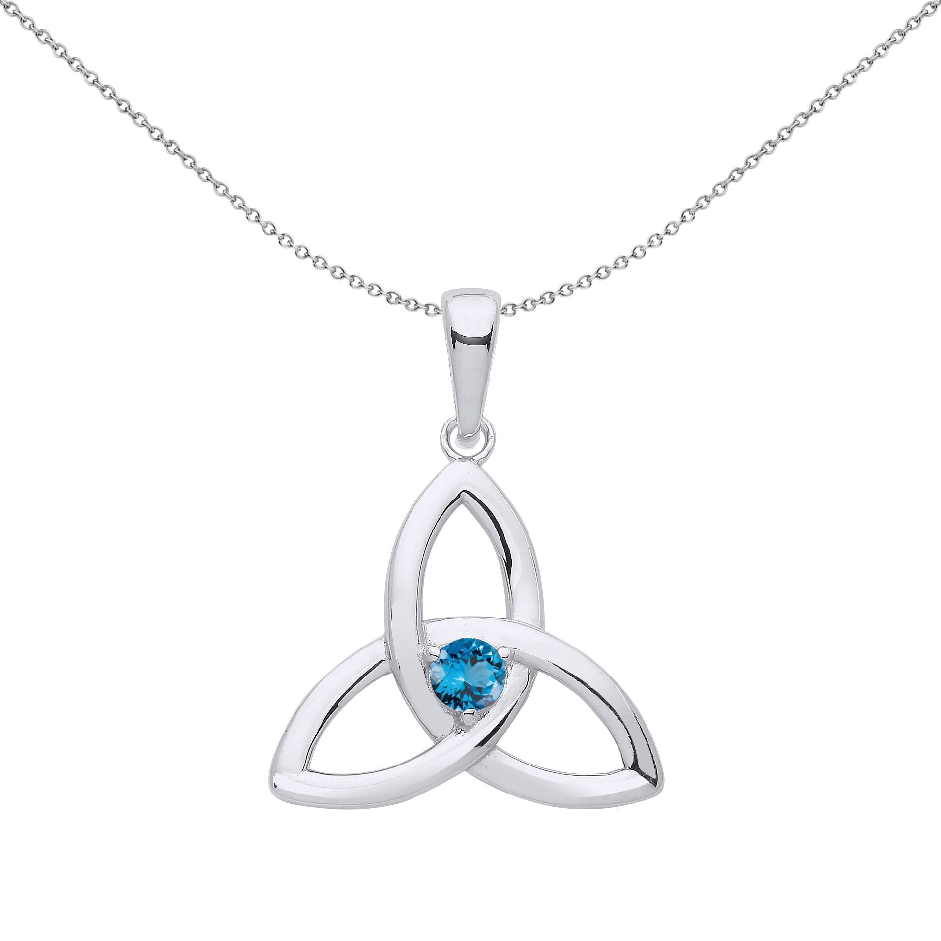 Silver  Swiss Blue CZ Celtic Trinity Trefoil Knot Necklace - GVP570BT