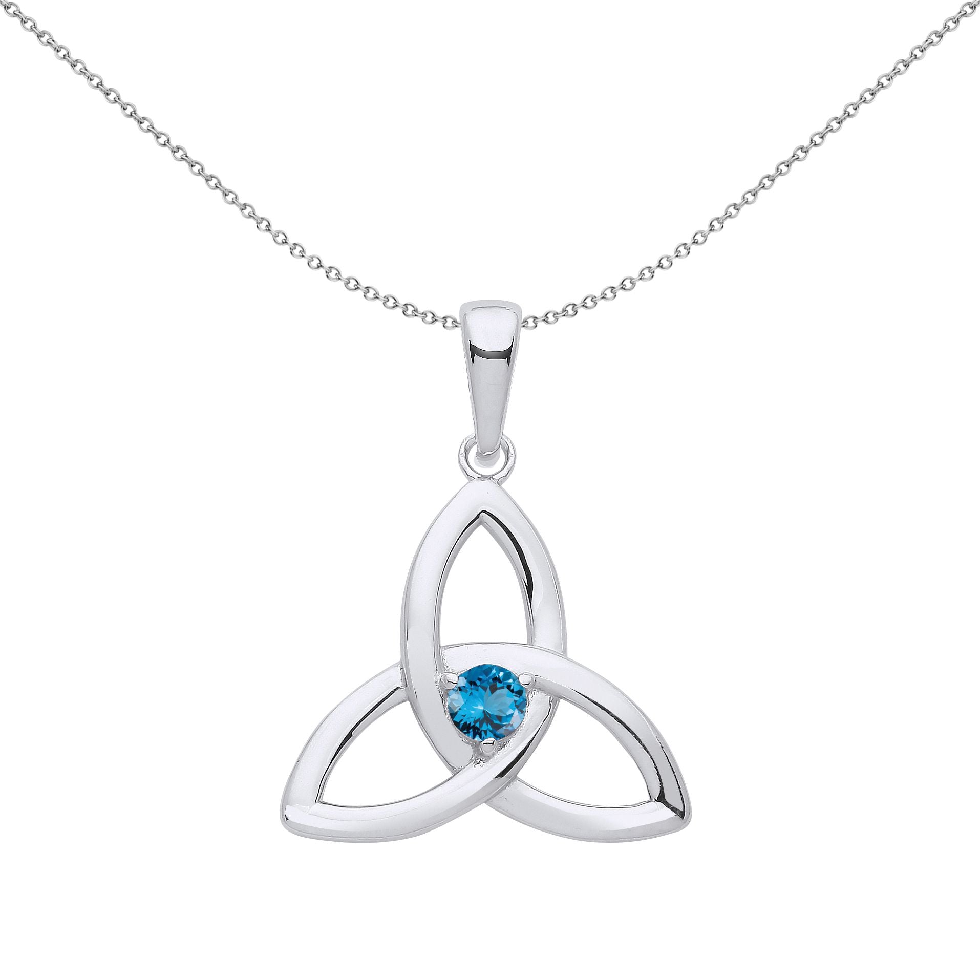 Silver  Swiss Blue CZ Celtic Trinity Trefoil Knot Necklace 18" - GVP570BT