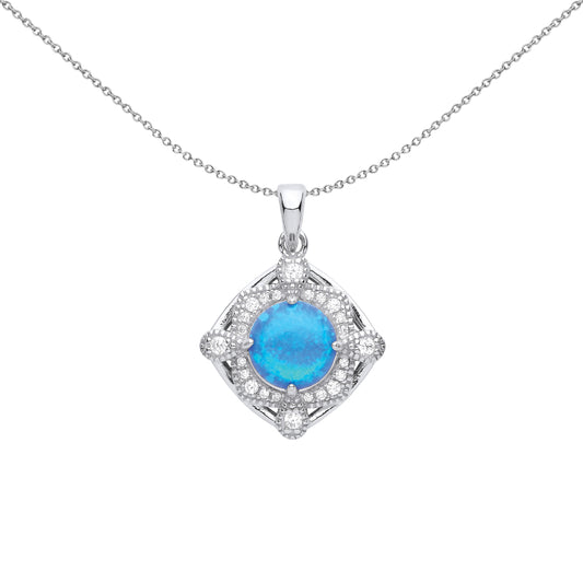 Silver  Blue Opal CZ Luxury Mosaic Pool Pear Cushion Necklace 18" - GVP571