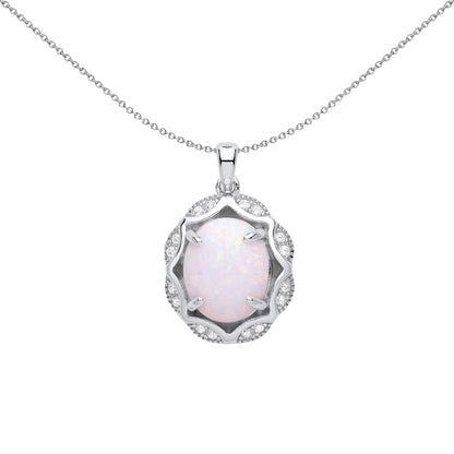 Silver  Rainbow Oval Opal CZ Scallop Edge Predator Necklace - GVP573