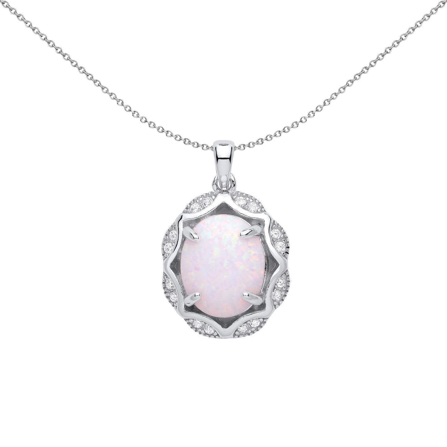 Silver  Rainbow Oval Opal CZ Scallop Edge Predator Necklace 18" - GVP573