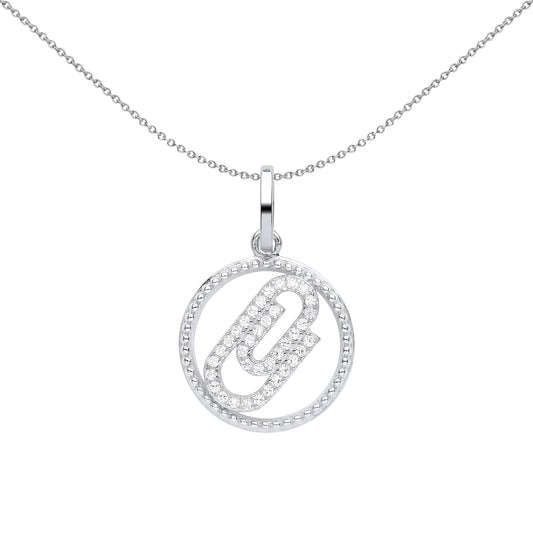 Silver  CZ Beaded Halo Ring Paperclip Circle Pendant Necklace 18" - GVP575