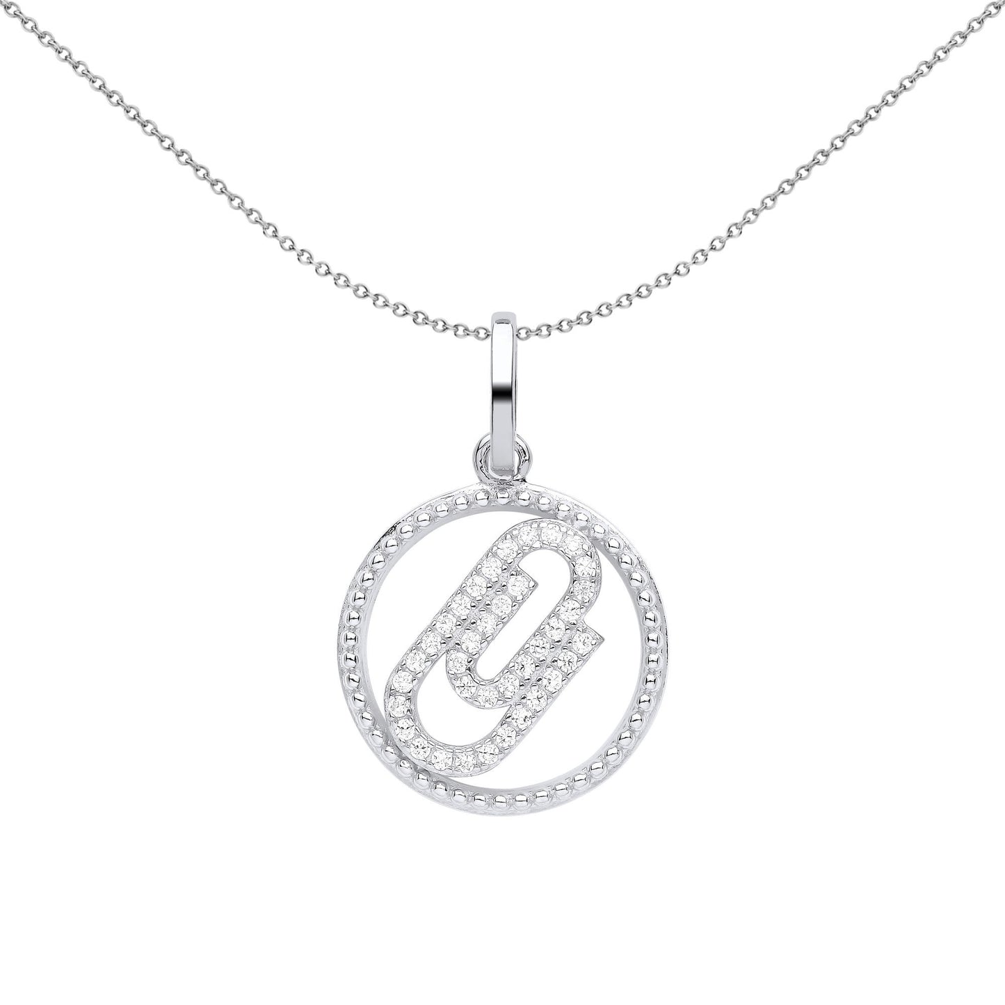 Silver  CZ Beaded Halo Ring Paperclip Circle Pendant Necklace - GVP575