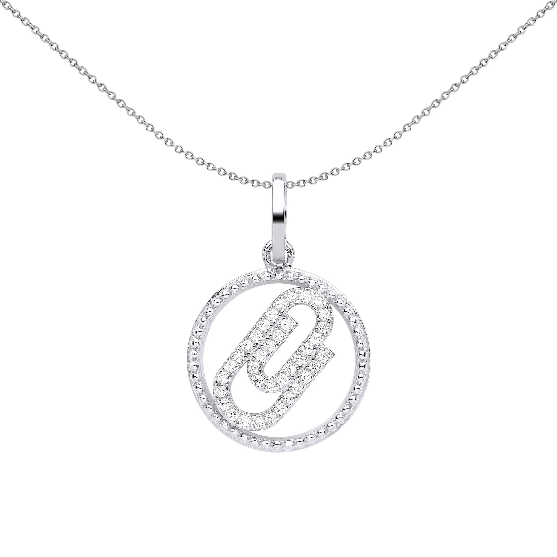 Silver  CZ Beaded Halo Ring Paperclip Circle Pendant Necklace 18" - GVP575