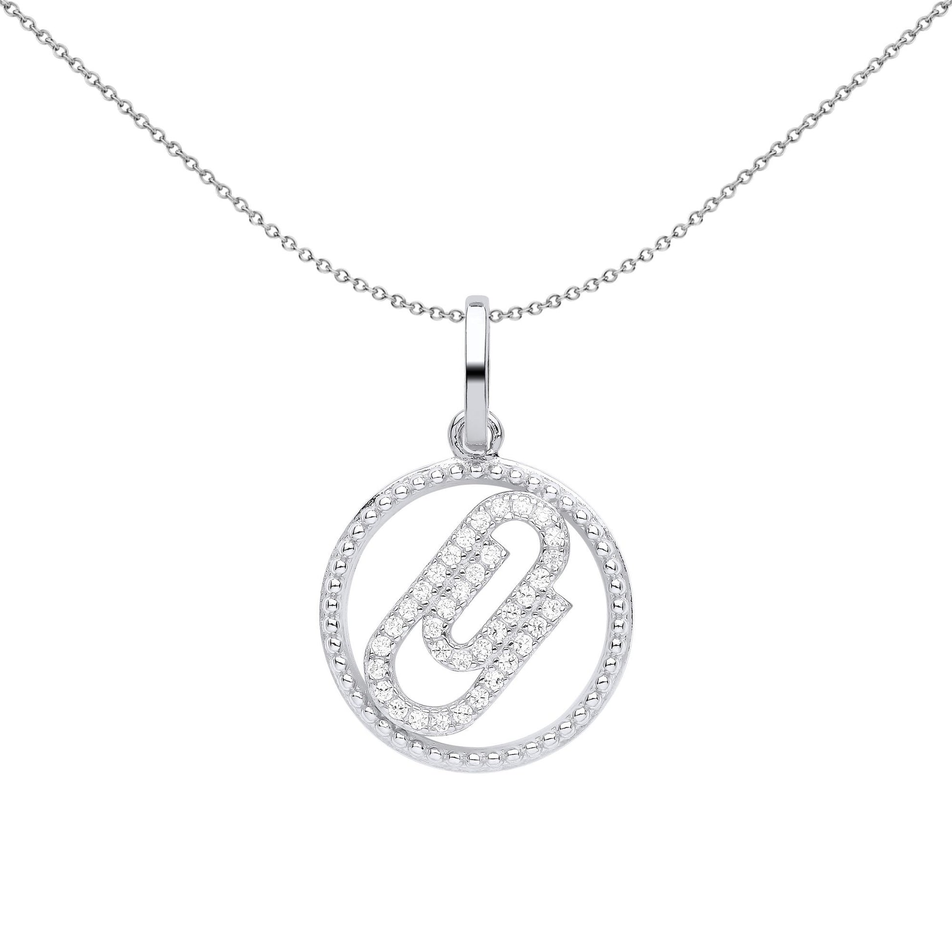Silver  CZ Beaded Halo Ring Paperclip Circle Pendant Necklace - GVP575