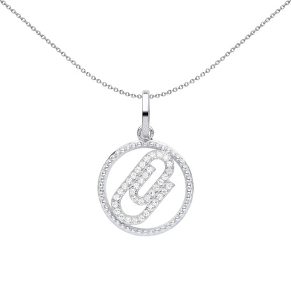 Silver  CZ Beaded Halo Ring Paperclip Circle Pendant Necklace - GVP575
