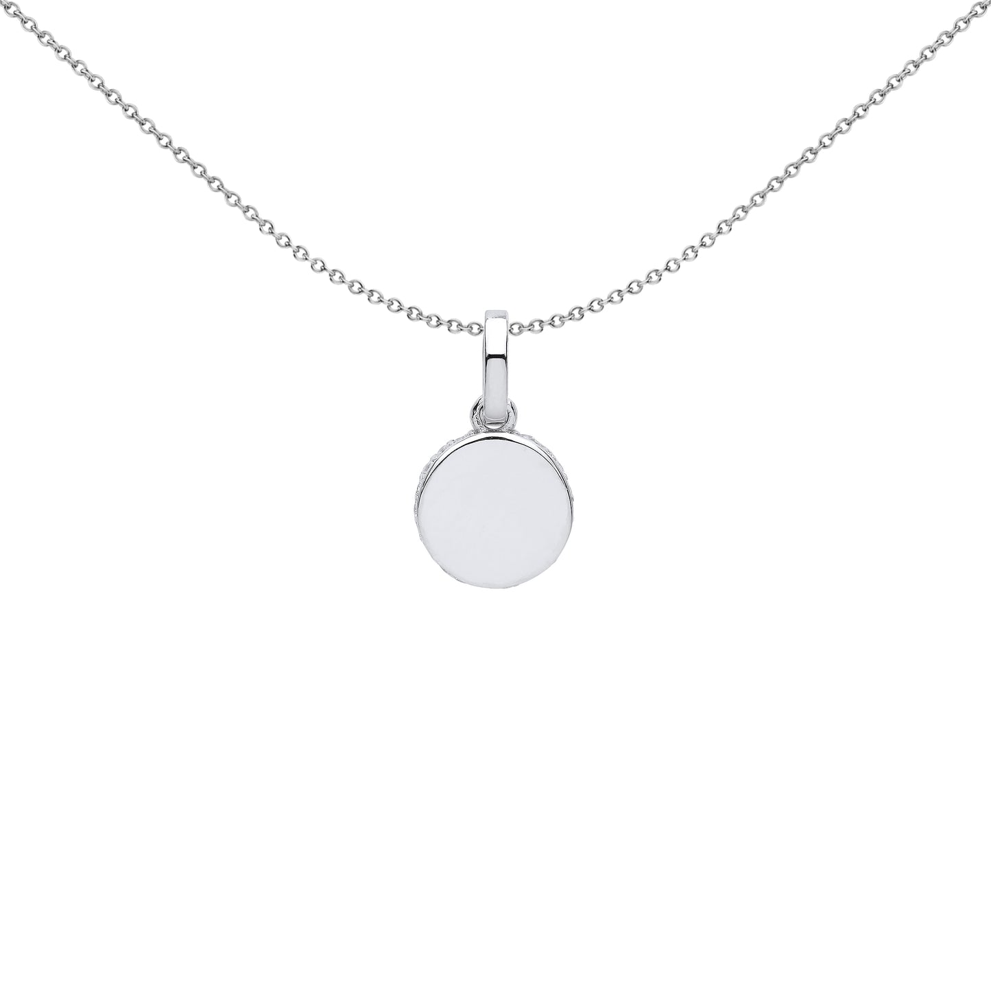 Silver  CZ Edge Set Halo Round Disc Charm Pendant Necklace 18 inch - GVP577