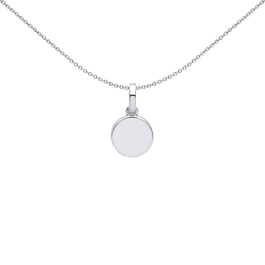 Silver  CZ Edge Set Halo Round Disc Charm Pendant Necklace 18 inch - GVP577