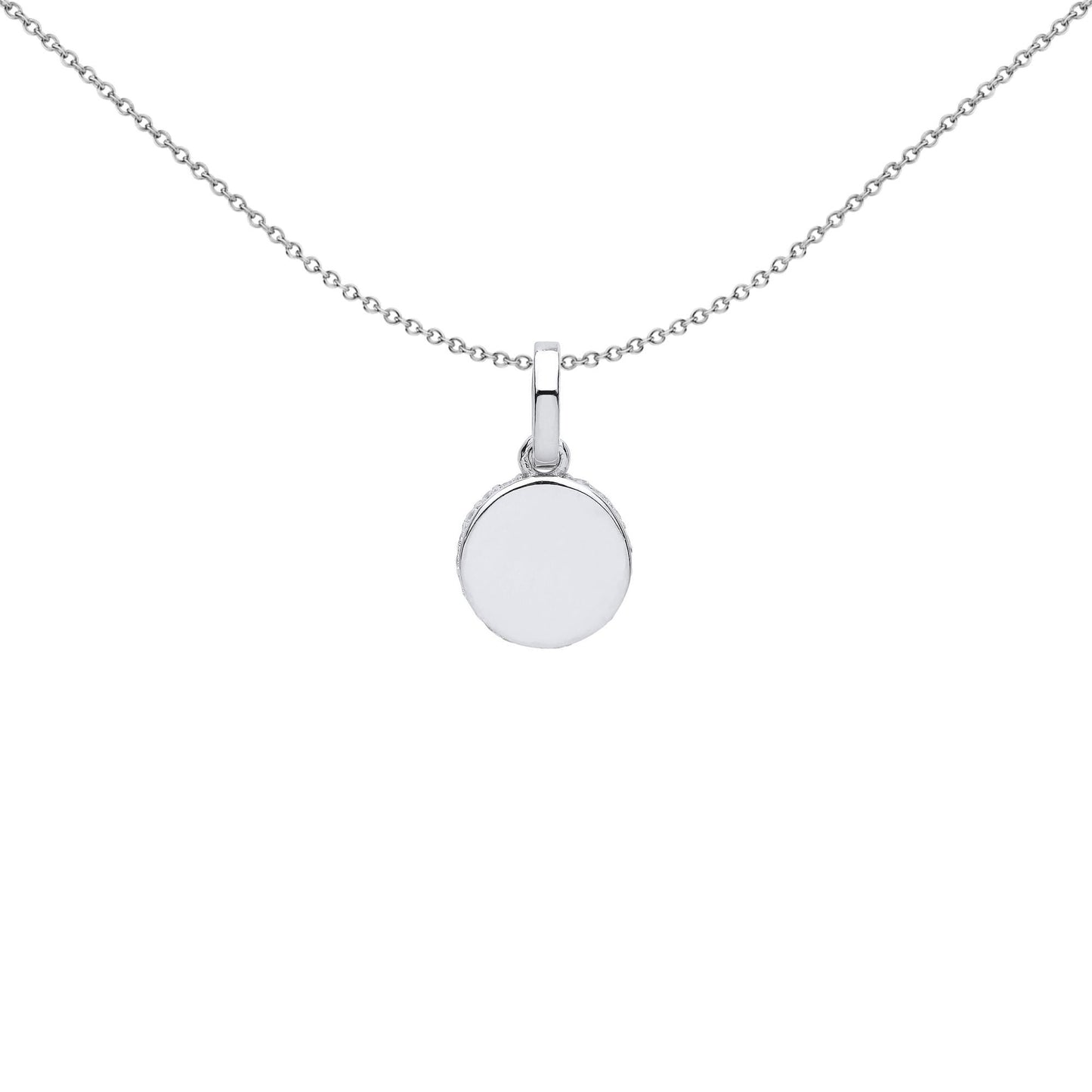 Silver  CZ Edge Set Halo Round Disc Charm Pendant Necklace - GVP577
