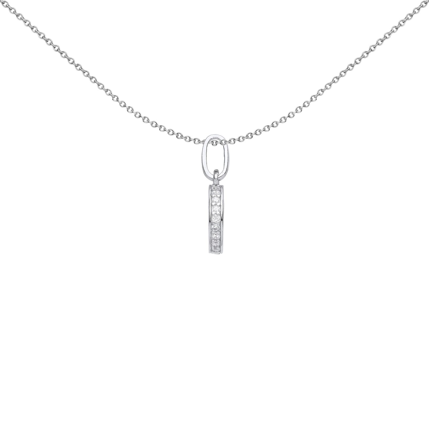 Silver  CZ Edge Set Halo Round Disc Charm Pendant Necklace - GVP577