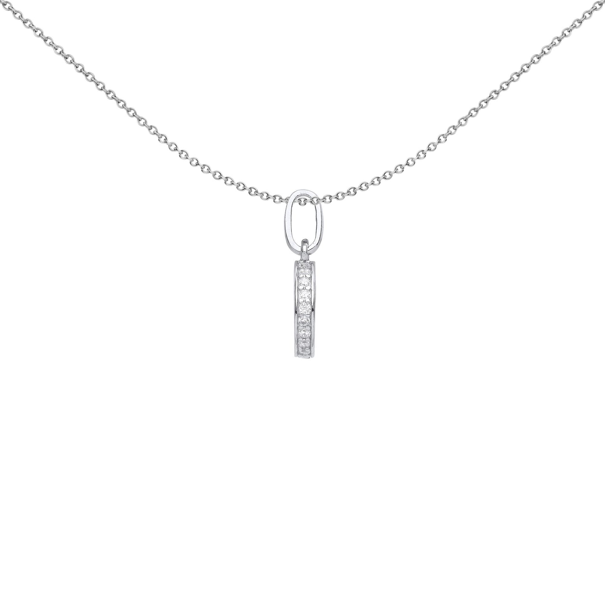 Silver  CZ Edge Set Halo Round Disc Charm Pendant Necklace - GVP577
