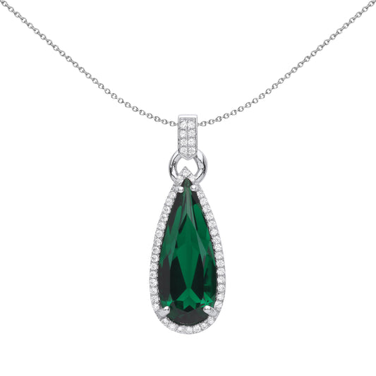 Silver  Green Pear CZ Elongated Rock Candy Pendant Necklace 18" - GVP579EM