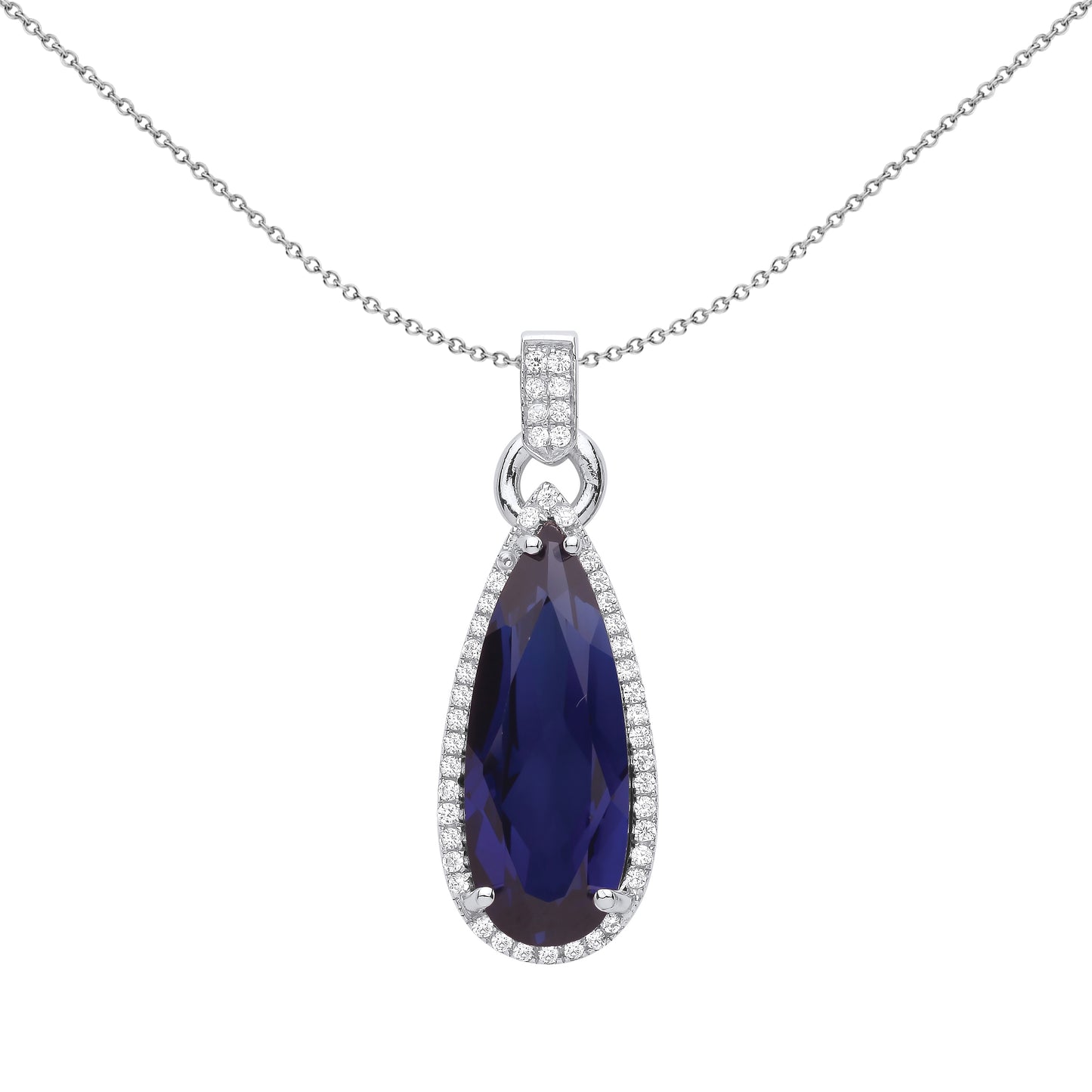 Silver  Blue Pear CZ Elongated Rock Candy Pendant Necklace 18 inch - GVP579SAP