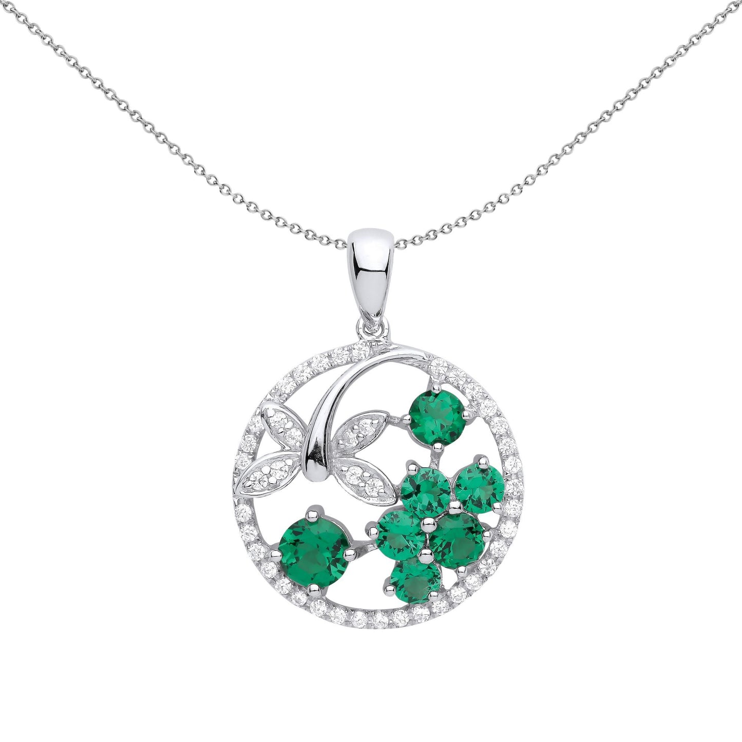 Silver  Green CZ Dragonfly Nest Circle of Life Necklace - GVP580