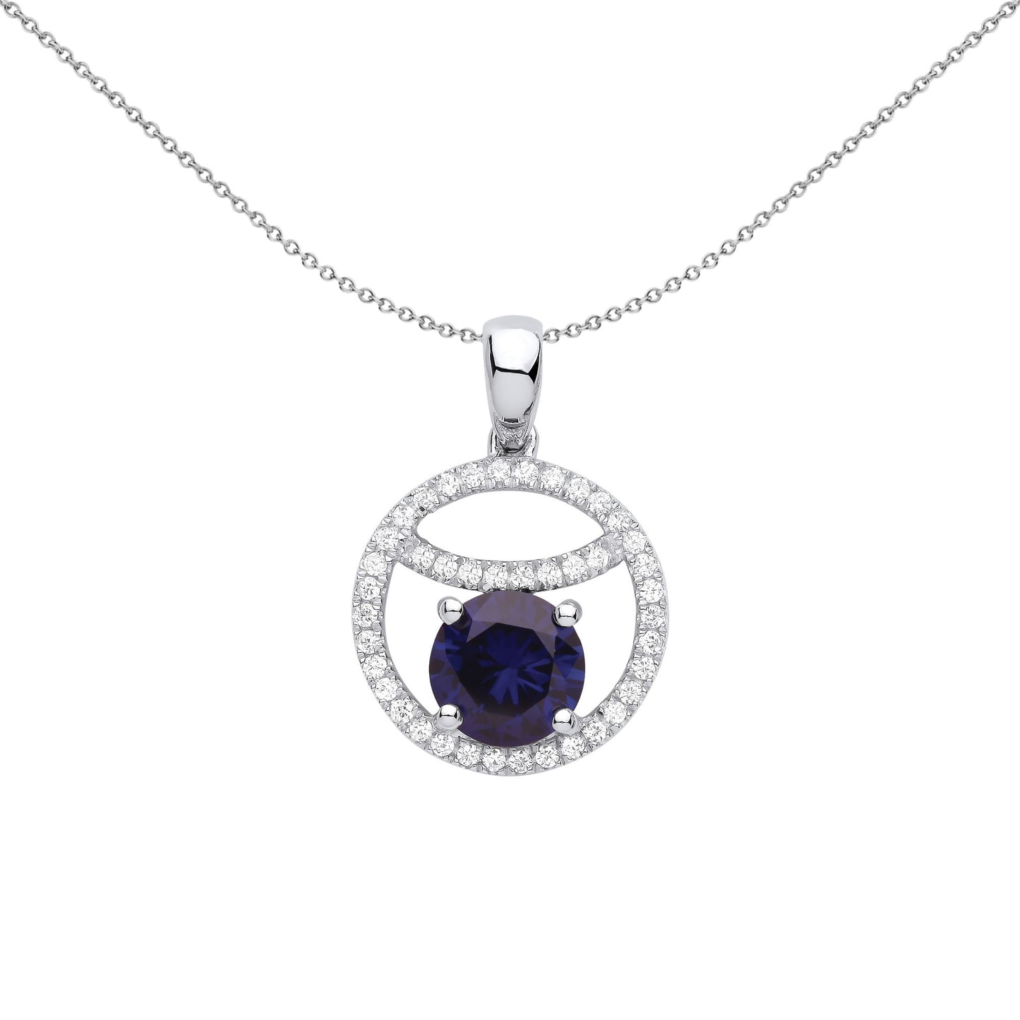 Silver  Blue CZ Sleepy Eyeball Cirle of Life Pendant Necklace 18" - GVP581