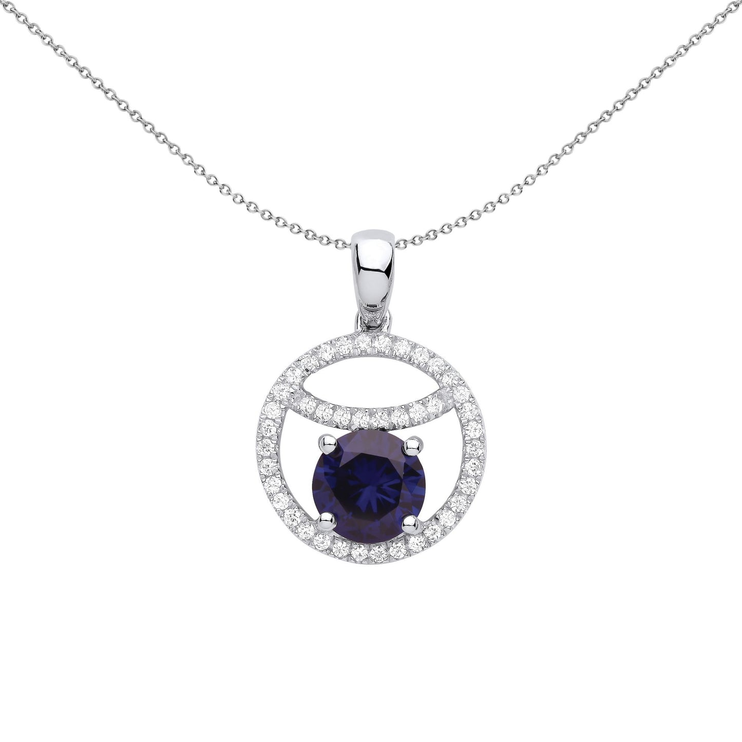 Silver  Blue CZ Sleepy Eyeball Cirle of Life Pendant Necklace - GVP581