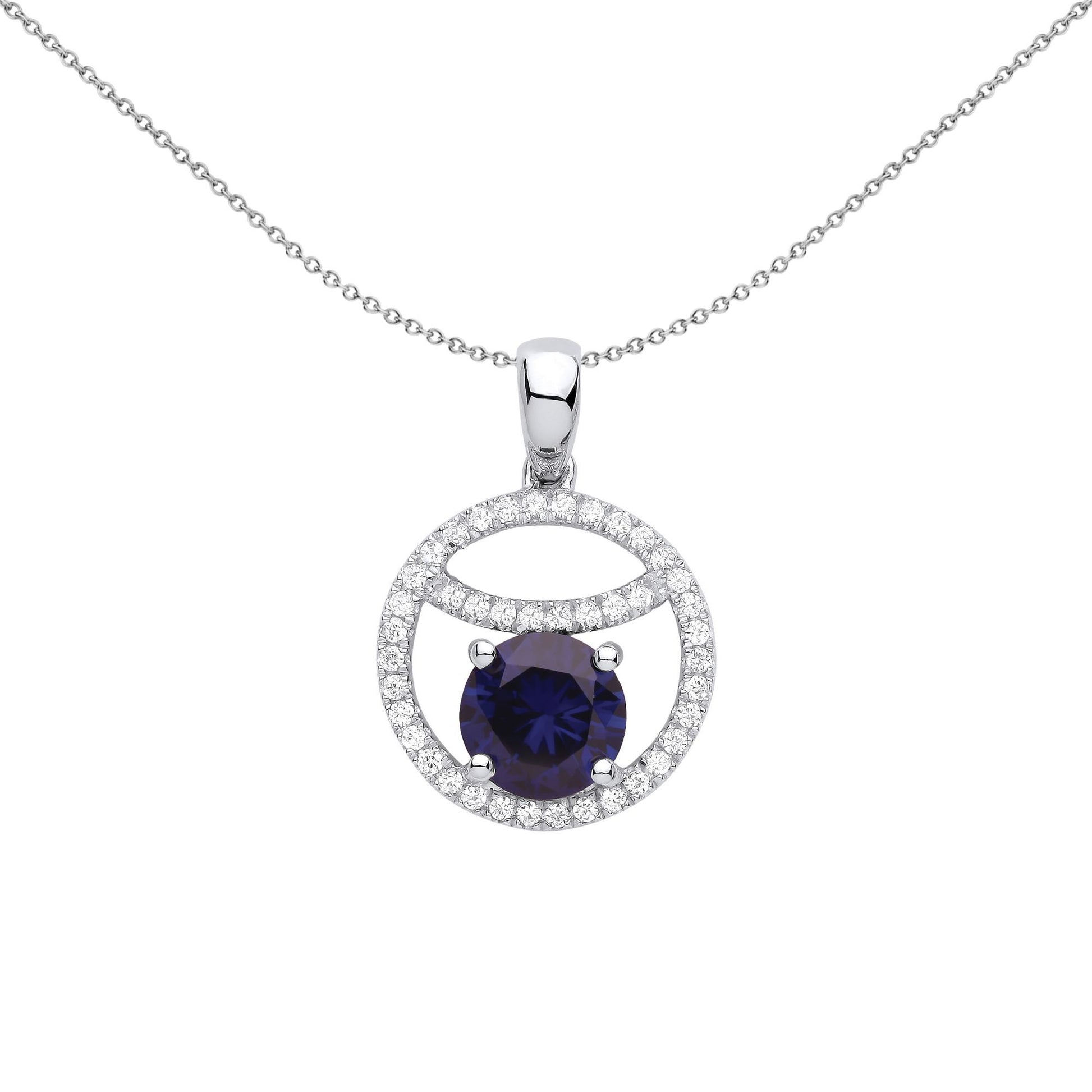 Silver  Blue CZ Sleepy Eyeball Cirle of Life Pendant Necklace - GVP581