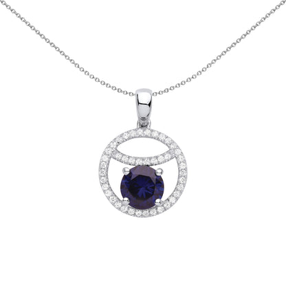 Silver  Blue CZ Sleepy Eyeball Cirle of Life Pendant Necklace - GVP581