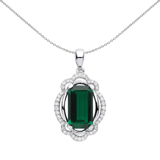 Silver  Green Emerald CZ Scallop Rhombus Oval Necklace 18" - GVP584